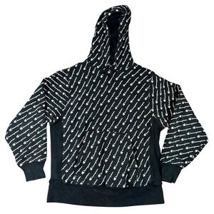 Champion Reverse Weave Hoodie Mens Large Black All Over Script Logo Pullover